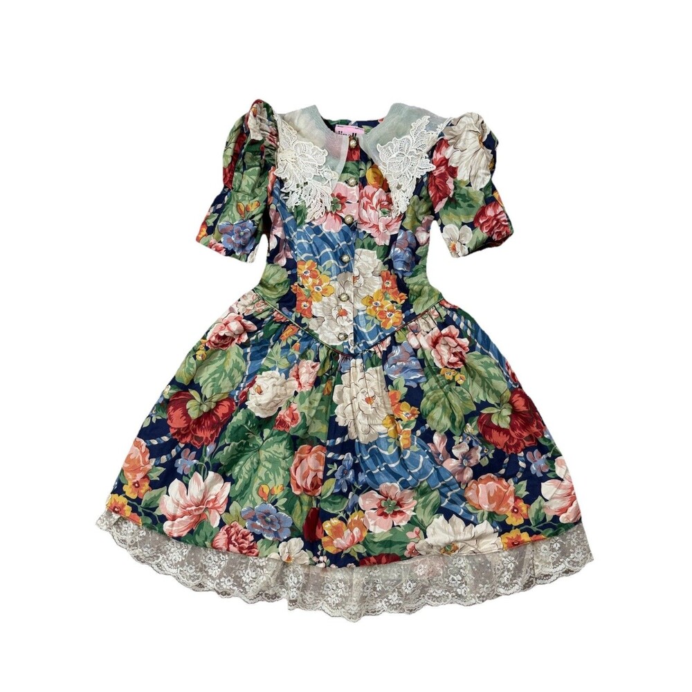 VTG 80 Jinelle Party Dress‎ Girls Sz 8 Lace Collar Puff Sleeves Sash USA GRUNGE